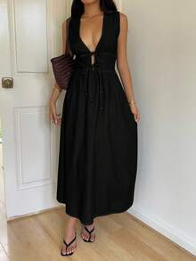 Siren Gaze Vestido vaquero sin mangas con cordones en la cintura, casual de verano para mujer