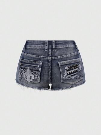 J-Fashion Pantaloncini di jeans da donna in stile vintage Y2K punk, vita super bassa, super corti, con zip, rivetti, tasche e ricami
