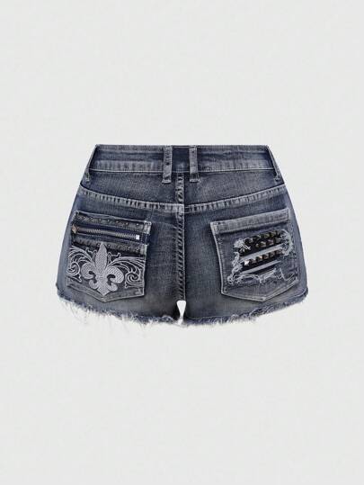 J-Fashion Pantalones cortos de mezclilla para mujer con estilo vintage Y2K punk, de talle súper bajo, súper cortos, con cremallera, remaches, bolsillos y bordados