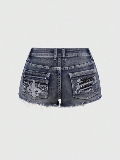 ROMWE J-Fashion 复古Y2K朋克风超低腰超短拉链铆钉口袋刺绣女式牛仔短裤