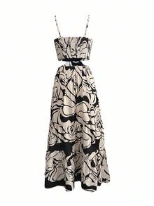 Selamara Váy dây mảnh in họa tiết toàn thân cho nữ, kỳ nghỉ/mùa hè - Màu Khaki - Xem 2