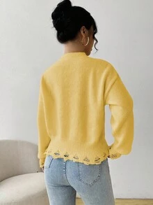 SHEIN Unity 女士圆领长袖彩色字母做旧休闲针织毛衣 - 淡黃色 - 查看 2