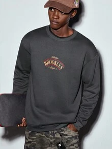 MODCRASH 男士字母印花圆领休闲抓绒卫衣 - 深灰色 - 查看 6