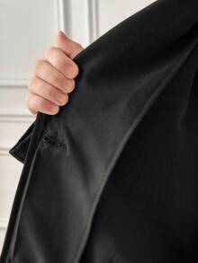 SHEIN Serisse Kids 青少年女孩编织休闲百搭时尚腰带翻领蝴蝶结口袋宽松长款风衣，休闲军装风格，通勤和户外，返校，母子装 - 黑色 - 查看 13