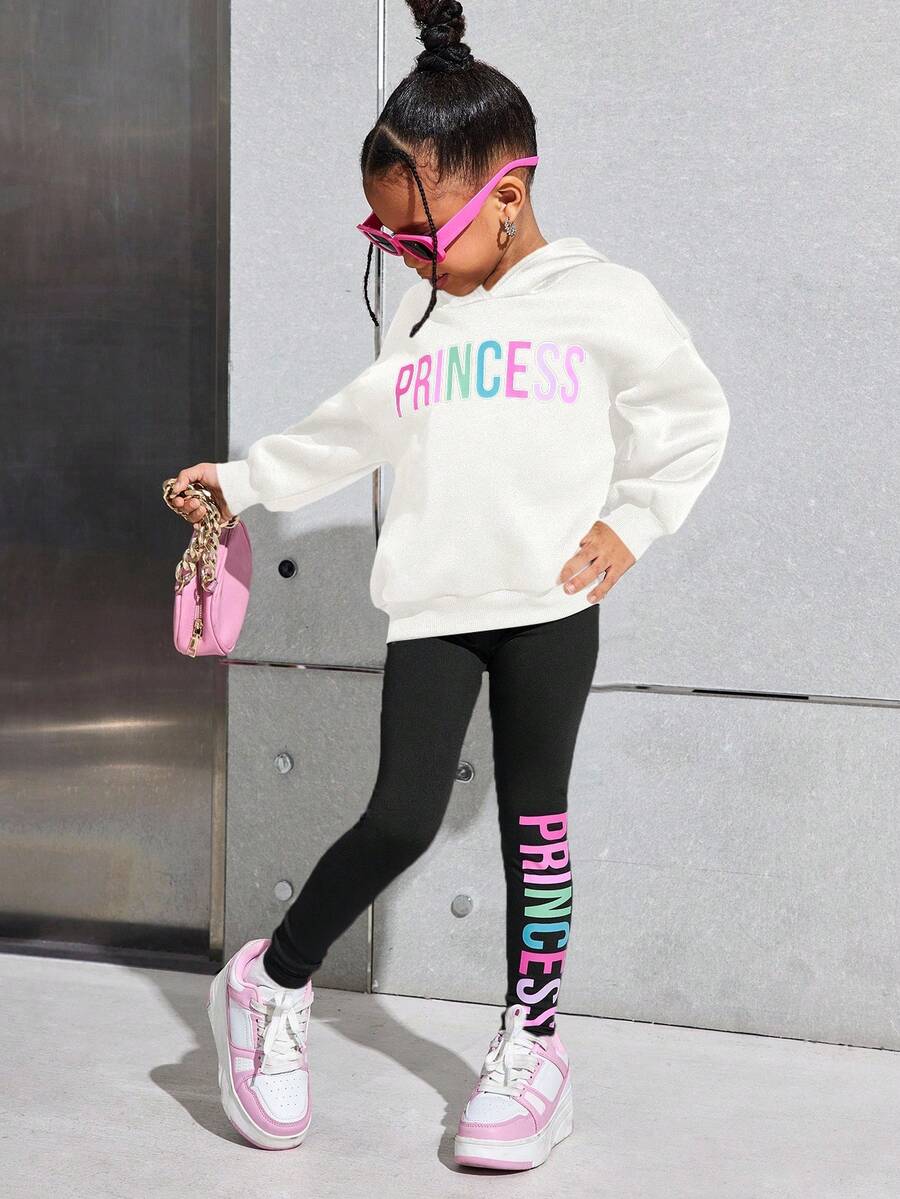 SHEIN 女童休闲街头保暖连帽衫和修身运动裤套装，秋冬季