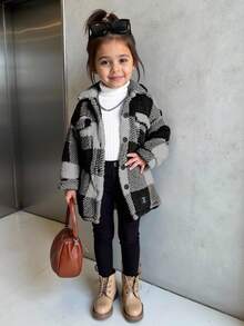 SHEIN 3 件套年轻女孩休闲格子双面羊毛保暖中长款夹克、长袖针织上衣和打底裤儿童冬季服装女童 - 灰色 - 查看 5