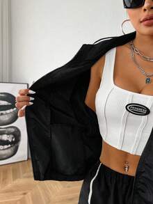 SHEIN EZwear Plus Size Casual Contrast Trim Letter Print Jacket Y2k Clothes Y2k Jacket Track Suits For Women 90s Clothes,Fall Clothes For Women Winter Autumn