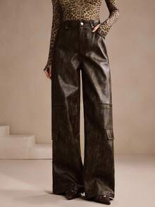 Anewsta Quần Cargo da PU dài thời trang Thu/Đông cho nữ, thanh lịch, trang trọng, dự tiệc, sang trọng, thích hợp cho năm mới, Giáng sinh, đi làm, tốt nghiệp - màu nâu - Xem 3