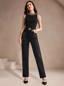 Anewsta Women's Rhinestone Embellished Elegant Black Skinny Jeans, Suitable For Valentine's Day Party - Blue - View 7