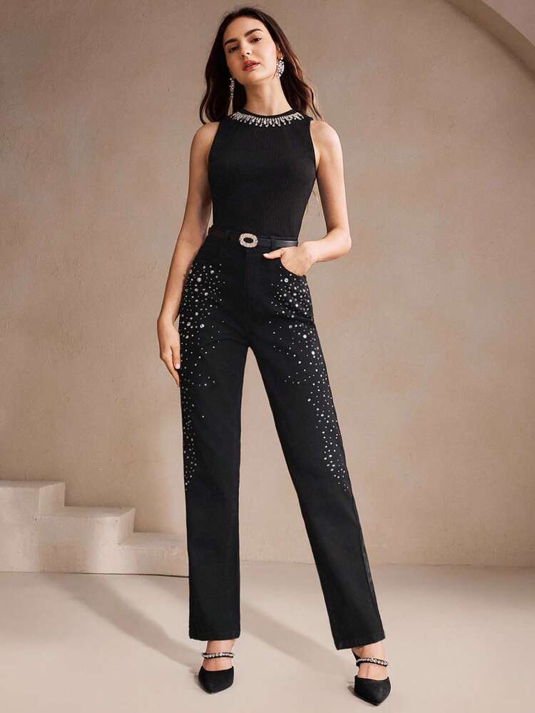 Women's Rhinestone Embellished Elegant Black Skinny Jeans, Suitable For Valentine's Day Party