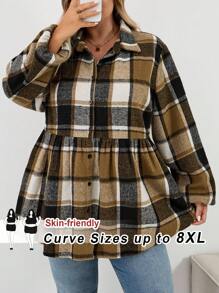 SHEIN CURVE+ Curve Plus Plaid Print Drop Shoulder Shirt,Fall,Baggy Shirts,Fall Tops,Fall Loose A-Line Hem Plus Size Blouses Plus Size Earthy Tops Plus Size Plaid Jacket Plus Size Fall Tops Plus Size Plaid Tops Fall For Women,Winter,CURVE PLUS/Autumn /Winter