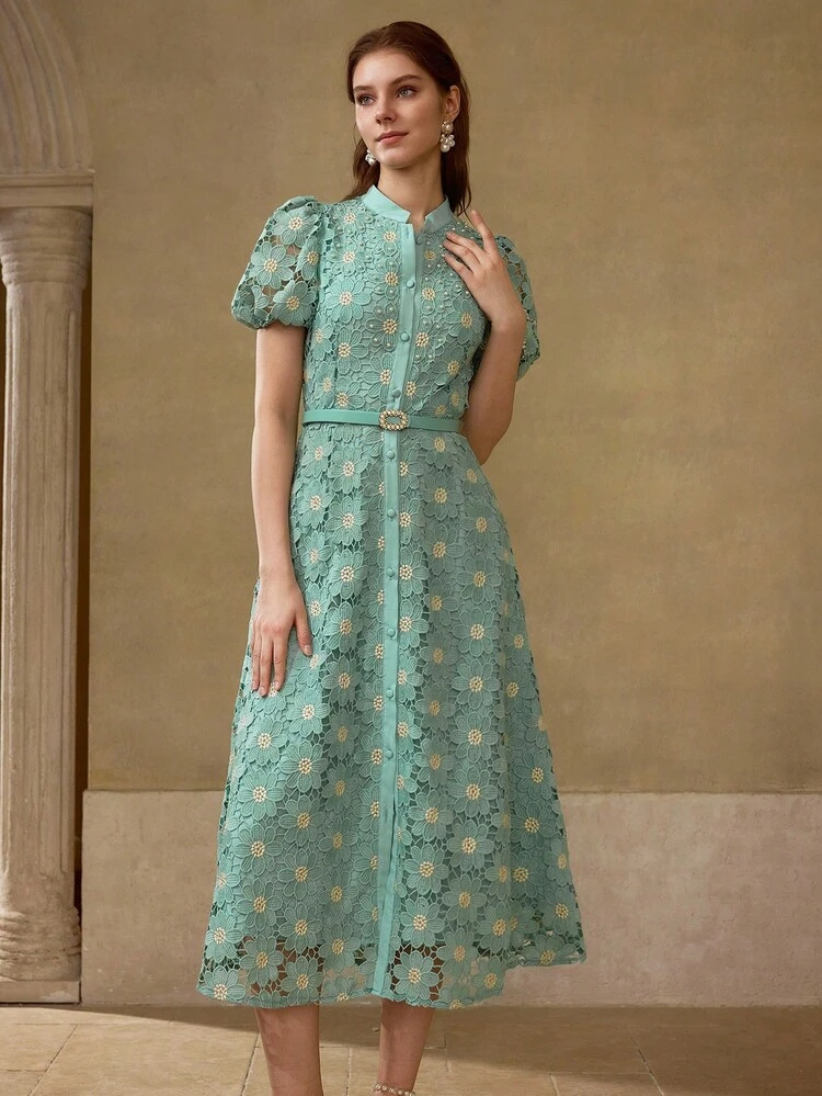GUIPURE LACE EMBROIDERY BELT DRESS