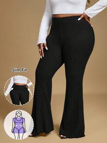 Hourglow Ceceforeign_ Plus Size Elastic Waist Casual Wide Leg Long Ribbed Flare Pants, Suitable For Autumn And Summer, For Hourglass Body Shape