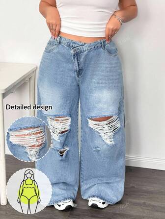 Truni Plus Size Women Blue Asymmetrical Waistline Ripped Wide-Leg Denim Pants 4th Of July Holiday Airport Outfit For Women Business Casual Woman 4th Of July Women Summer Summer Outfits For Women Vacation Outfits Women Cowgirl Outfits For Women Western Wear Women Business Casual Woman Festival Airport Outfit For Women Graduation Outfit Ibiza Outfit Beach Outfits Hawaii Outfits Women Concert Outfits For Women Cruise Outfits Women Boho Rave Outfits Rave Outfits Festival Coquette Coachella Outfits Y2k Clothes Women Cowboy Streetwear Gyaru 2000s Disco Outfit Baggy Jeans Pantalon Fluide Femme Palazzo Palazzo Elegantes Para Dama