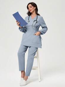 Scrubzie Anti-Wrinkle Long Sleeve Shirt And Long Pants 2 Pieces Scrub Uniform Set - Blue - View 5