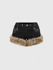ROMWE Grunge Punk Y2K Kpop Baddie Skull Studded Frayed Super Low Rise Mini Super Low Waist Denim Shorts - Black - View 1
