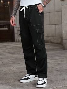 Manfinity Homme 1 件男士多口袋工装裤，通勤，宽松直筒裤，四季皆宜，成熟休闲酷炫风格，男友/丈夫礼物，周年纪念礼物，黑色裤子上白色对比缝线，适合秋季 - 黑色 - 查看 1