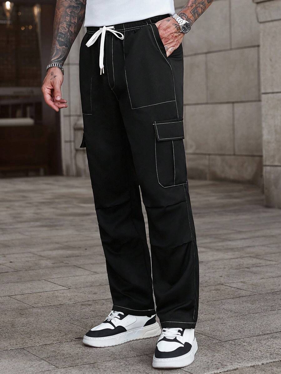 Manfinity Homme 1 件男士多口袋工装裤，通勤，宽松直筒裤，四季皆宜，成熟休闲酷炫风格，男友/丈夫礼物，周年纪念礼物，黑色裤子上白色对比缝线，适合秋季 - 黑色 - 查看 1