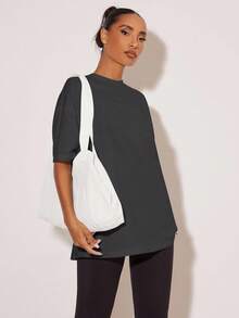 SHEIN BASICS Women's Casual Everyday Simple Solid Color Loose Fit Dropped Shoulder Stand Collar T-Shirt, Summer - Dark Grey - View 3