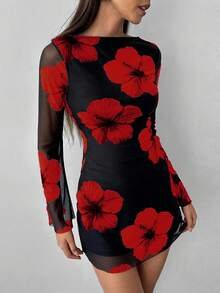 Aloruh Damen sexy, modisches Minikleid mit offenem Rücken und Batik-Muster, Langarm, figurbetonend