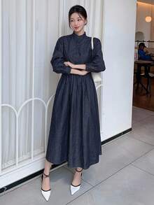 DAZY Women's Stand Collar Long Sleeve Belted Half-Placket Casual Denim Dress