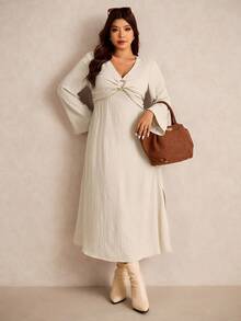 Elaquor Plus Size Elegant Minimalist Modern Urban V-Neck Long Sleeve Metal Button Slit Maxi Dress For Women, All Season - Apricot - View 5