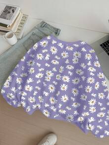 SHEIN Floral Pattern, Tween Girl Casual Loose Fit Crew Neck Comfortable Long Sleeve Sweatshirt,In Fall/Winter - Multicolor - View 2