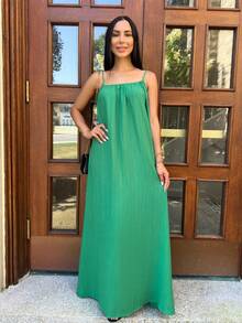 Carolina Barros 2025 年夏季新款音乐节、复活节、圣帕特里克节、西部、波西米亚风格连衣裙，适合生日派对、毕业典礼、学生、日常休闲、度假、邮轮、海滩、日光浴、时尚无袖可调节肩带、宽松版型、宽条纹纹理、卡其色、女式连衣裙 - 綠色 - 查看 5