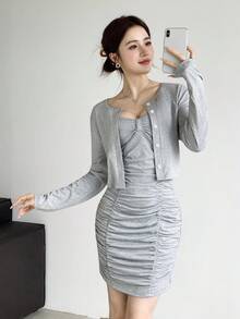 Celisse 2件套女士休闲褶皱吊带背心连衣裙和夹克套装 - 灰色 - 查看 5