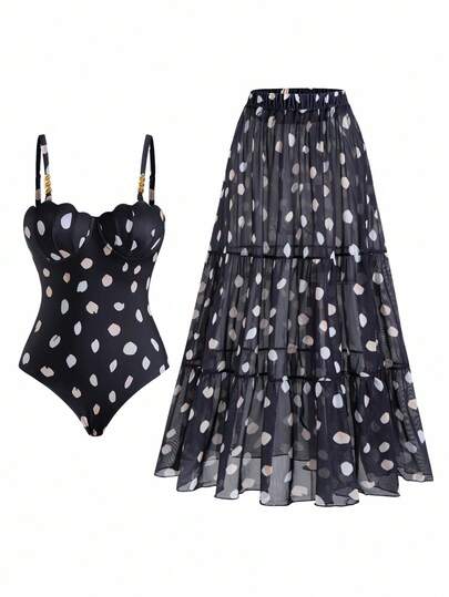 Swim Oasis 夏季新款大码女式时尚花卉印花花瓣杯钢圈聚拢连体泳衣，带褶饰腰部和网眼裙，两件套泳衣