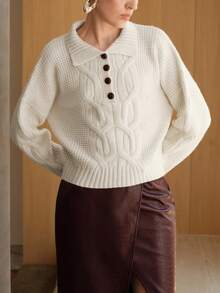 Uhlyne Uhlyne Women's Minimalist Casual Daily Commute Versatile Solid Apricot Pullover Sweater, Elegant Drop Shoulder Long Sleeve Button Collar Loose Wool Knit Top, Autumn/Winter - Apricot - View 5