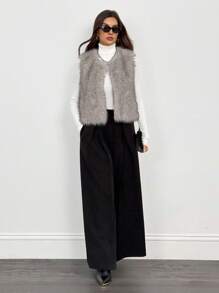 SHEIN Tall Women's Solid Color Open Front Fluffy Vest Jacket For Winter Fur Vest