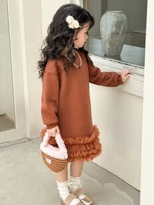 SHEIN 年轻女孩休闲撞色网眼下摆圆领长袖宽松运动衫连衣裙 - 棕色 - 查看 3