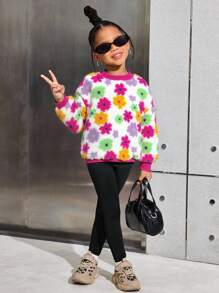 Conjunto informal de niña con parte superior de punto con estampado de corazón y pantalones de punto de unicolor con corazón para mujer - Rosa Fucsia - Ver 6