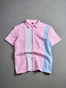 Manfinity CasualCool 男士休闲撞色纹理短袖衬衫，夏季 - 淺粉色 - 查看 3