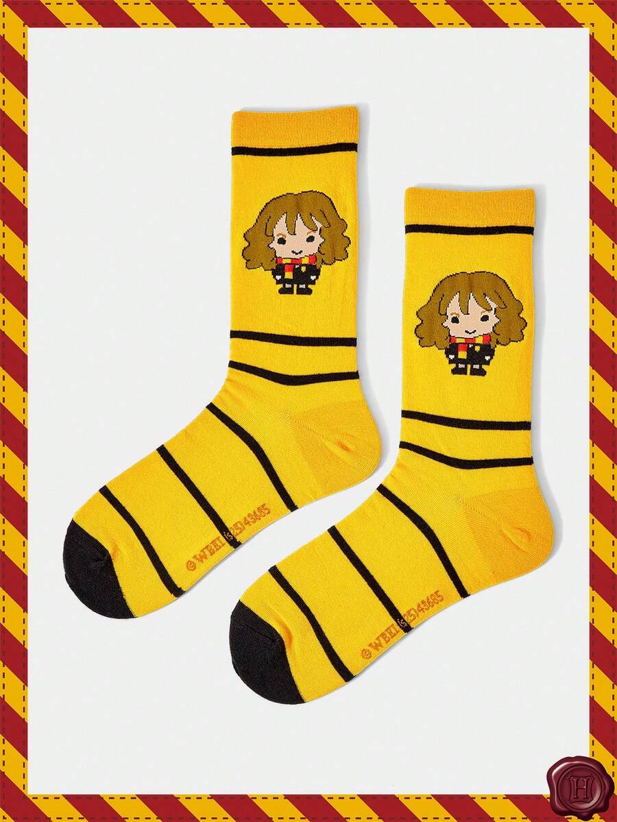 HARRY POTTER X SHEIN 1 双女士舒适条纹卡通图案中筒袜 - 黃色 - 查看 1