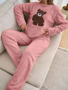 EURMUSE 2pcs Plush Bear Embroidery Detail Homewear PJ Set - Dusty Pink - View 4