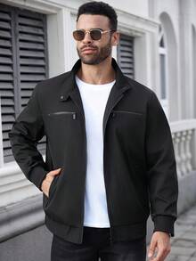 Manfinity CasualCool Plus Size Men's Casual Solid Color Black Zip Up Jacket Casual, Outdoor Windbreaker, Fall