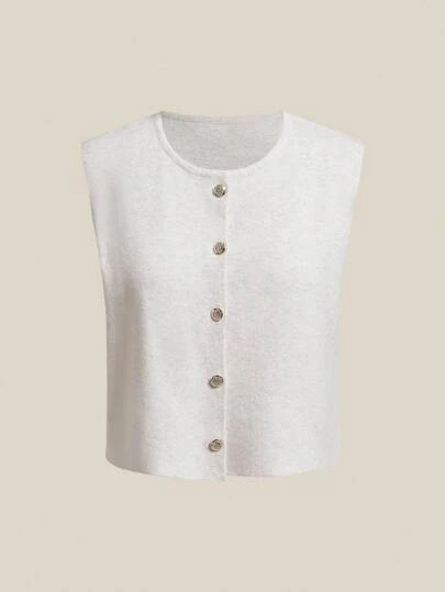 SHEIN PETITE Women's Casual Solid Color Short Knitted Vest Apricot Knitted White Cardigan Metal Button Style Knitted Vest Jacket In Fall/Winter