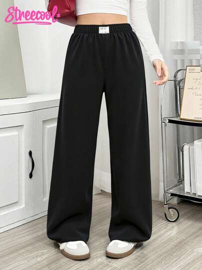 SHEIN Streecool Kids Teen Girl Casual Elastic Waist Straight Leg Wide Leg Woven Fabric Pants, Versatile Back To School Outfit, Autumn Loose Pants Black Baggy Pants Fall Winter