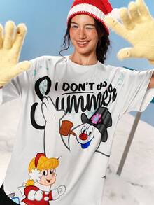 Frosty the Snowman X SHEIN Women's Letter & Snowman Graphic Round Neck Short Sleeve T-Shirt - Multicolor - View 7