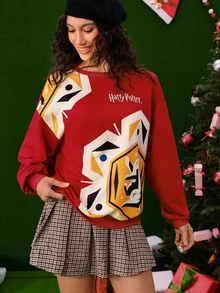 HARRY POTTER X SHEIN 女式休闲字母图案落肩宽松套头衫 - 彩色 - 查看 6