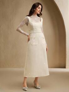Anewsta Robe mi-longue élégante et chic sans manches avec col orné de sequins, design taille cintrée, en tweed blanc crème, convient pour l'automne/l'hiver - Nude - Voir 3