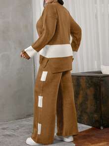 EURMUSE Women's Color Block Knitted Sweater Two Pieces Set - Camel - View 2