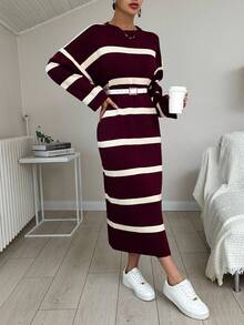EURMUSE Women's Casual Striped Print Knit Sweater Dress,Winter Dresses - Burgundy - View 3