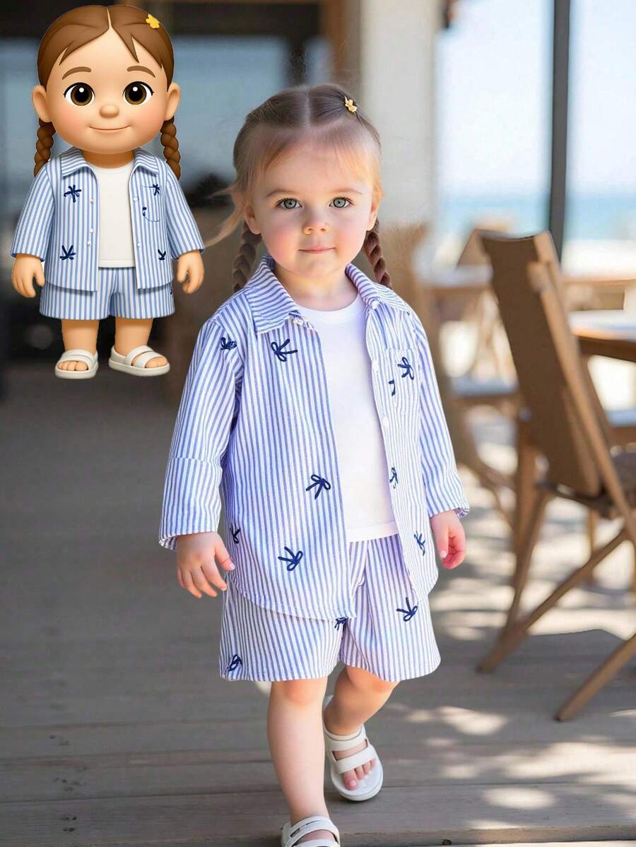 SHEIN مجموعة قميص كم طويل مخطط وشورت مخطط لطفلة وطفلة صغيرة على الطراز الكوري، ملابس كاجوال للشارع، للعطلات، التصوير الفوتوغرافي، الصيف، قطعتان - الأزرق - مشاهدة 1