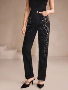 Anewsta Women's Rhinestone Embellished Elegant Black Skinny Jeans, Suitable For Valentine's Day Party - Blue - View 4