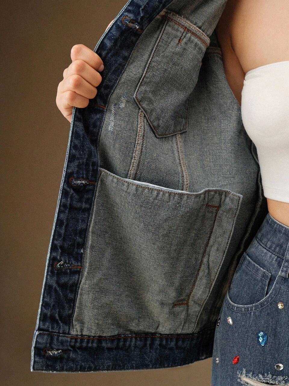Fashionable Rhinestone Embellished Denim Jacket For Women, Blue