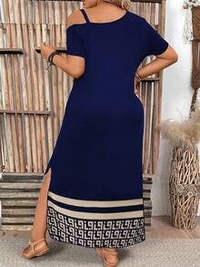 EMERY ROSE Plus Size Women's Casual Minimalist Holiday Floral Print Off-Shoulder Maxi Dress, Summer Long Ladies Dress - Navy Blue - View 2