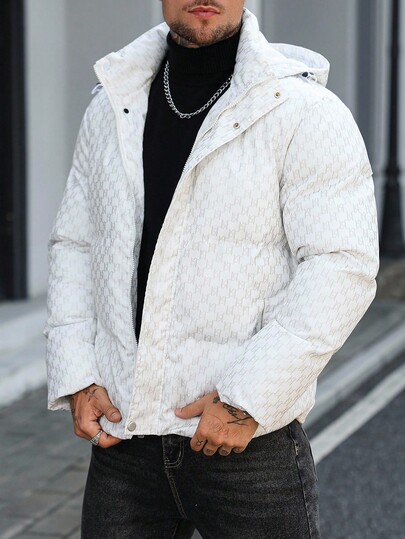 Manfinity CasualCool Abrigo corto con capucha y acolchado con estampado total para hombre, abrigo con cremallera blanco cálido de invierno, otoño